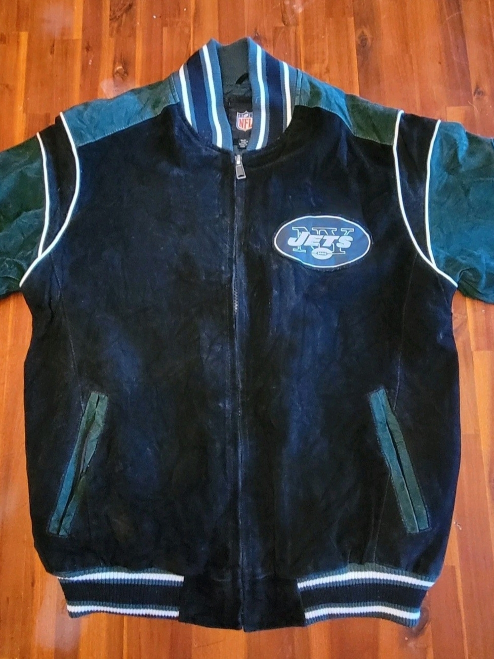 New York Jets Leather Shell NFL Varsity Jacket Black Mens Medium Nice Used Cond